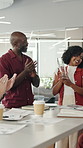 Celebration, applause and woman at conference for success, goal achievement and congratulations. Smile, clapping hands and audience cheers in office for business milestone, praise or award at seminar