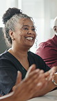 Celebration, applause and woman at meeting for success, goal achievement and congratulations. Smile, clapping hands and audience cheers in office for business milestone, praise or approval at seminar