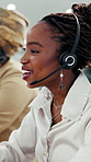 Consulting, woman and happy with headset in call center for portfolio update, loan advice or CRM. Coworking, finance agent and talking on mic for insurance claim, online inquiry and customer service