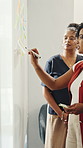 Business people, creative team and meeting with whiteboard in office for brainstorming ideas. Group, employees or discussion with staff for project schedule, agenda or work delegation for support
