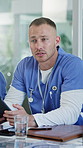 Nurse, man and meeting in clinic with tablet, online research and conversation for health insurance. Person, discussion and team in hospital with digital tech, explain medical aid policy or planning.