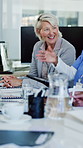 Doctor, laughing and happy woman in meeting with team for funny joke or conversation in boardroom. Female person, healthcare worker or friendly discussion with group for comedy or humor in hospital