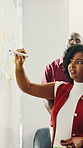 Creative team, meeting and business woman with whiteboard in office for brainstorming ideas. Group, employees or discussion with staff for project schedule, agenda or work delegation for support