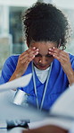 Frustrated, woman or nurse with stress in boardroom for chaos or overwhelmed pressure in busy office. Female person, healthcare worker or headache with migraine for overworked schedule or anxiety