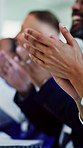 Business, people and hands with applause in workshop for presentation, thank you or congratulations. Happy, group or employees clapping together in team conference for success, speech or well done