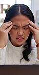 Laptop, headache and children with woman in home for freelancer stress, time management and crisis. Remote work, burnout and kids running with frustrated person in family house for mistake and fail