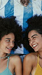 Towel, happy and above of women at beach for bonding, hangout and relax for summer holiday. Travel, friends and people for talking, conversation and laugh for vacation, weekend and break outdoor