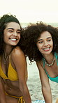 Friends, happy and women at beach with selfie for bonding, hangout and relax for summer holiday. Travel, laugh and people with photo for social media, post and memory for vacation, trip and weekend