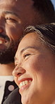 Love, smile and couple with connection outdoor, loyalty and relationship wellness on vacation. Happy man, woman and bonding with partner for trust, support and commitment with affection on holiday