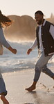 Travel, splash and playful with couple at beach for romantic getaway, vacation and connection. Anniversary holiday, tropical adventure and fun with man and woman outdoor for date, ocean and trust