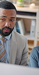 Team, business people and talking with computer in office, accounting review or revenue report. Collaboration, man and woman with tech for budget planning, bookkeeping advice or help with finance