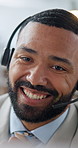 Headset, talking and business man in office for financial advice, online assistance and contact us. Corporate, call center and person on tech laugh for finance consulting, investment options and help