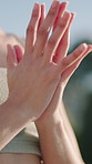 Yoga, woman and prayer hands outdoor with mindfulness, spirituality and holistic health for wellness. Zen, female person and meditation exercise with mudra, namaste pose and fitness for self care.
