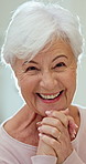 Wellness, face and elderly woman with laughing, positive attitude and humor expression on weekend break. Portrait, flare and senior person with funny joke, happy moment and good mood in retirement.