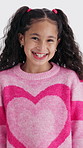 Face, fashion and smile of little girl in studio for child development, expression or growth. Adorable, happy and youth with female kid on white background for heart clothing or winter outfit