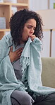 Sick, cough and tired with woman on sofa in home for influenza, viral infection and fatigue with disease. Illness, germ and respiratory virus with person in living room in apartment for exhausted
