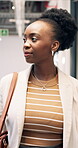 Walking, thinking and smile with business black woman in office for commute, reflection and arrival. Perspective, journey and mindset with employee in agency for time management and appointment