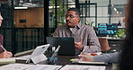 Meeting, finance and business man with team in discussion for trading numbers, laptop and data. Manager, group and brief for financial collaboration, stock market info or daily trader news in office