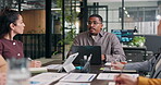 Business meeting, finance and man with team in discussion for trading numbers, laptop and data. Manager, group and brief for financial collaboration, stock market info or daily trader news in office