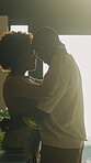 Love, dance and talk with black couple in home for support, romantic connection and partner. Happy, commitment and forehead touch with man and woman in house for comfort, calm and care together