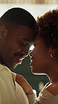 Love, dance and care with black couple in home for support, romantic connection and partner. Happy, commitment and forehead touch with man and woman in house for comfort, calm and singing together