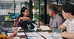 Business meeting, finance and woman with team in discussion for trading numbers, laptop and data. Man, manager and group for financial collaboration, stock market research and conversation in office