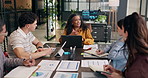 Meeting, finance and woman with team in boardroom, discussion and trading numbers with daily brief. Manager, group and feedback for financial collaboration, stock exchange data and planning in office