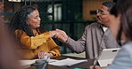 Business, people or happy with handshake in meeting for equity purchase, deal or company merger. Tablet, investors and shaking hands in office for b2b offer, agreement or integration in joint venture