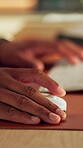 Creative, search and hands with mouse in office, writer or planning for novel publication on website. Business, author and person with computer, typing and story development with technology on table