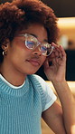 Stress, headache and black woman in office at night with deadline for creative project with mistake. Error, migraine and magazine editor with frustration for online article with bad news in workplace