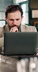 Laptop, research and thinking with business man for planning, insurance policy and coverage report. Premium claims, risk assessment vision and online review with person and tech in agency for idea