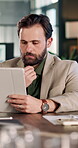 Tablet, planning and reading with business man for research, insurance policy and coverage report. Premium claims, risk assessment agent and online review with mature person and tech in agency