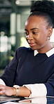 Reading, laptop and thinking with business black woman in office for search, pr statement and editor. Online review, media report and reflection with employee and tech in agency for creative campaign