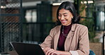 Woman, laugh and typing in office with laptop, research and funny AI trend for digital marketing. Happy, person and planning in business with computer, online humor and joke for advertising campaign.