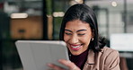 Woman, scroll and laugh in office with tablet, internet joke and AI meme for social media marketing. Happy, person and browsing in agency with tech, humor and funny brand comment on online ad post.