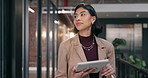 Tablet, thinking and walking with business woman in office corridor for planning or research. App, review and schedule with happy employee in workplace hallway for digital agenda or online report