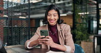 Smile, phone and typing with business woman in office for campaign tracking, contact and search. Online engagement review, reading and social media reach with person in creative agency for chat