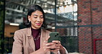 Smile, phone and reading with business woman in office for campaign tracking, contact and search. Online engagement review, typing and social media reach with person in creative agency for chat