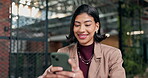 Search, phone and reading with business woman in office for campaign tracking, contact and smile. Online engagement review, laugh and social media reach with person in creative agency for chat