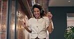 Dance, headphones and happy with business woman in office for playlist, energy and streaming. Excited, smile and music with mature employee walking in agency for radio, arrival and positive attitude