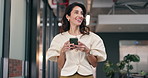Laughing, phone and walking with business woman in office corridor for planning or research. App, funny and thinking with mature employee in workplace hallway for communication or digital agenda