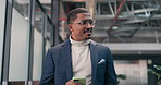 Phone, thinking and walking with business man in office corridor for planning or research. App, communication and review with happy employee in workplace hallway for digital agenda or online report