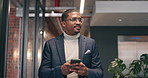 Phone, thinking and walking with business man in office corridor for planning or research. App, ideas and text message with happy employee in workplace hallway for communication or digital agenda