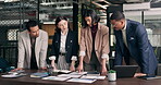 Meeting, team and business people with documents, planning and ideas for marketing strategy. Office, startup and workers with research, paperwork and graphs for sales report, advertising and project