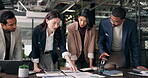 Meeting, talking and business people with documents, planning and ideas for marketing strategy. Office, team and workers with research, paperwork and graphs for sales report, advertising and project