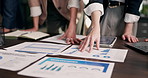 Hands, chart and business people with documents, tablet and infographics for financial report. Office, team and workers with paperwork, graphs and tech for finance review, planning and online budget