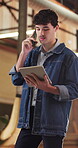 Carpenter, phone call and man with tablet in warehouse, project management and talking with contact. Carpentry, artisan and person with technology, communication and discussion with mobile in factory