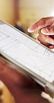 Tablet screen, man and hands of carpenter in warehouse for planning furniture manufacturing. Digital technology, industry project and woodworker with production schedule in factory with research.