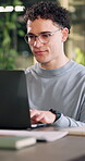 Reading, laptop and glasses with business man in office for search, public relation statement or editor. Online review, media report and project with employee and tech in agency for creative campaign