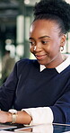 Reading, tablet and laptop with business black woman for search, public relation statement and editor. Online review, media report and planning with employee and tech in agency for creative campaign